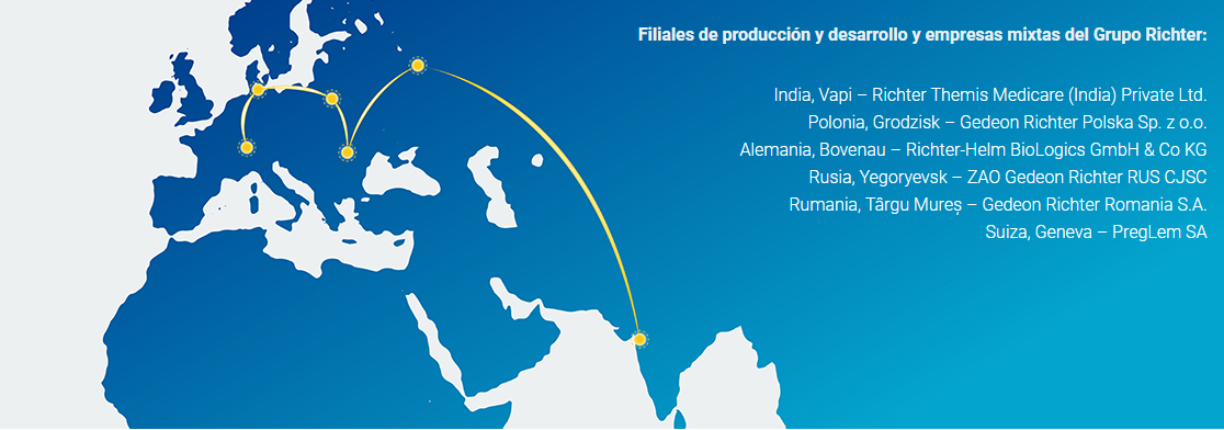 Mapa de filiales de producción y desarrollo del Grupo Richter